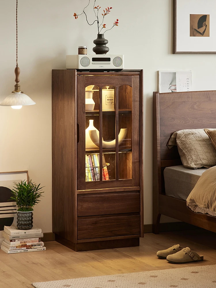 

Black walnut wine cabinet Nordic simple all-solid wood home living room storage display cabinet
