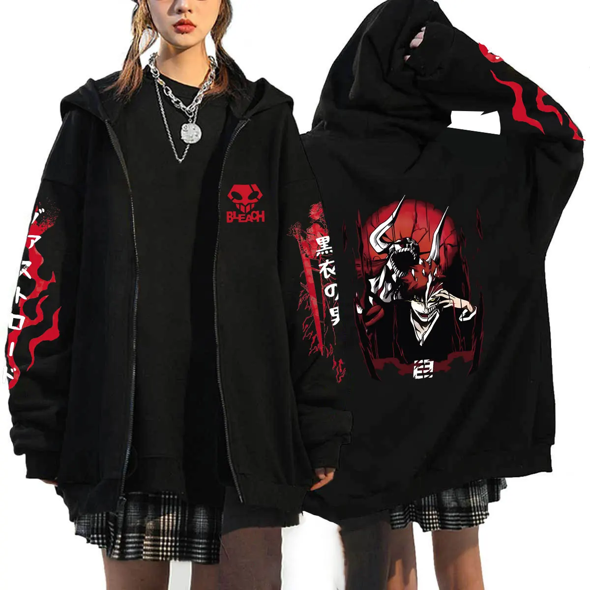 Japan Anime Bleach Kurosaki Ichigo Printed Hooded Men Women Zip Up Hoodies Casual Loose Sweatshirt Harajuku Unisex Zipper Jacket