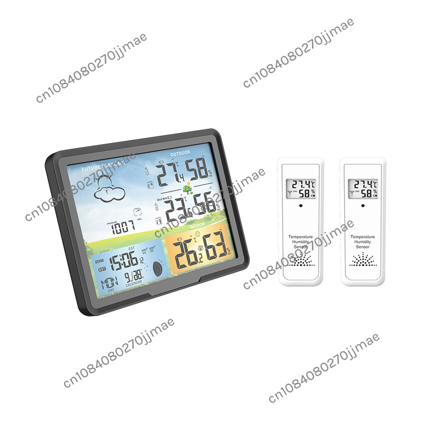 

7" Colorful LCD Weather Station Home Digital Thermometer Hygrometer Moon Phase Barometer Alarm Clock Forecast 2 Wireless Sensor