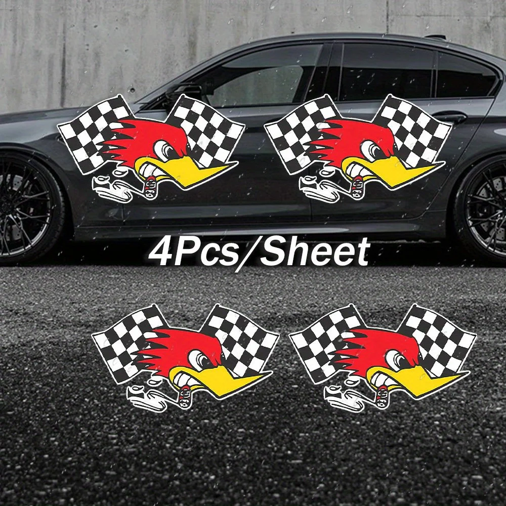 

4Pcs Red Bird Checkered Flag Waterproof Vinyl Stickers – Racing Style Decals for Car, Motorcycle & Auto Exterior