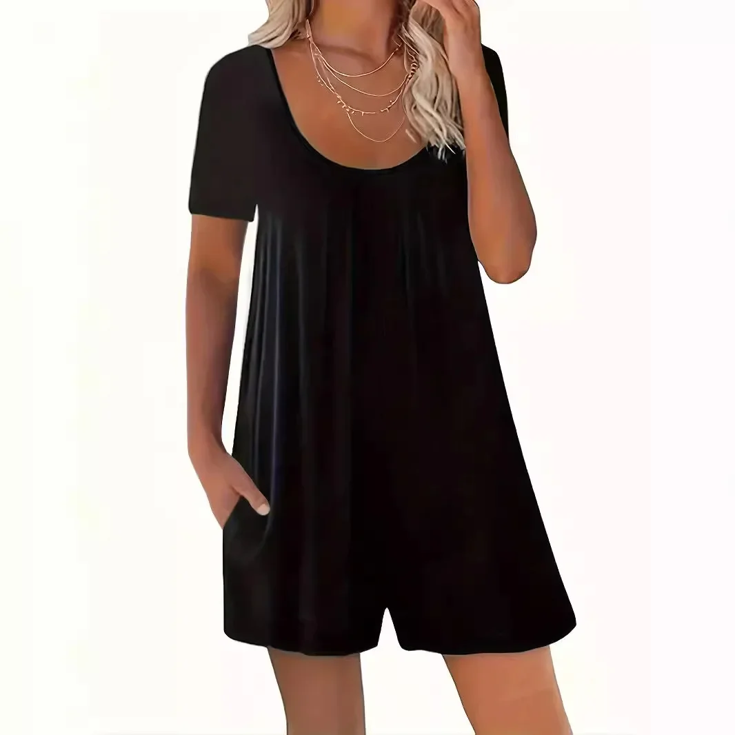 

2025 Summer New European and American Women's Casual Strap Shorts Solid Round Neck Loose Pocket Jumpsuit
