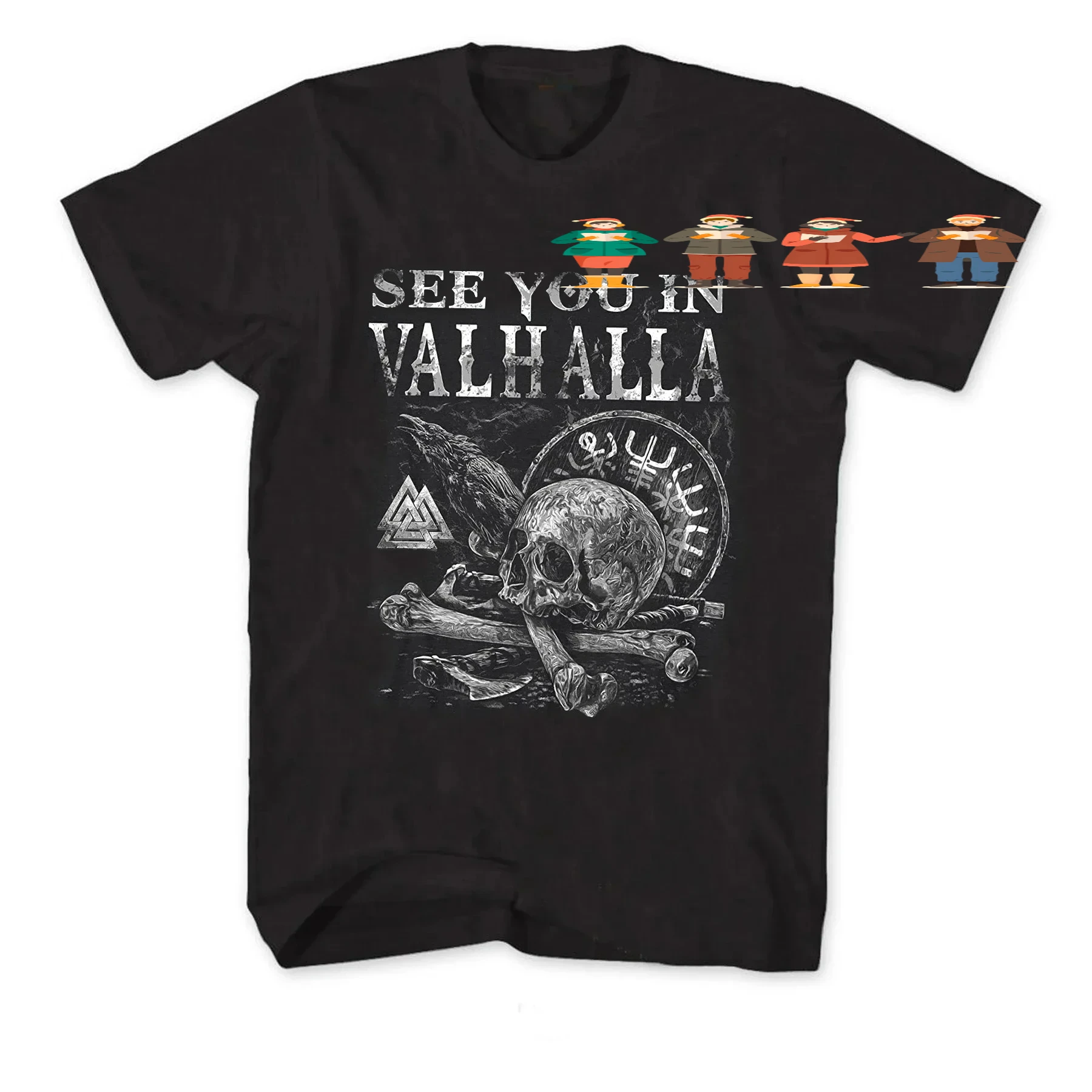 See You in Valhalla Norse Myth Valknut Vegvisir Runes Raven Skull T-Shirt 100% Cotton O-Neck Short Sleeve Casual Mens T-shirt