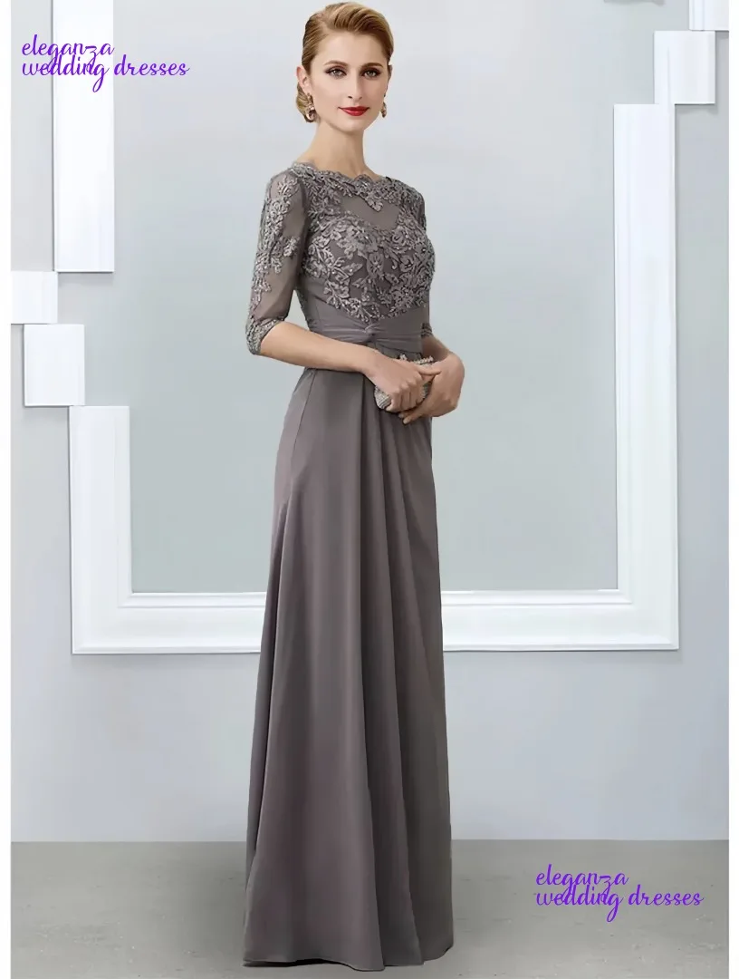 Abito da madre della sposa grigio a trapezio personalizzato con collo gioiello, lunghezza del pavimento, mezze maniche in chiffon, applicazioni in pizzo, abiti da festa di nozze