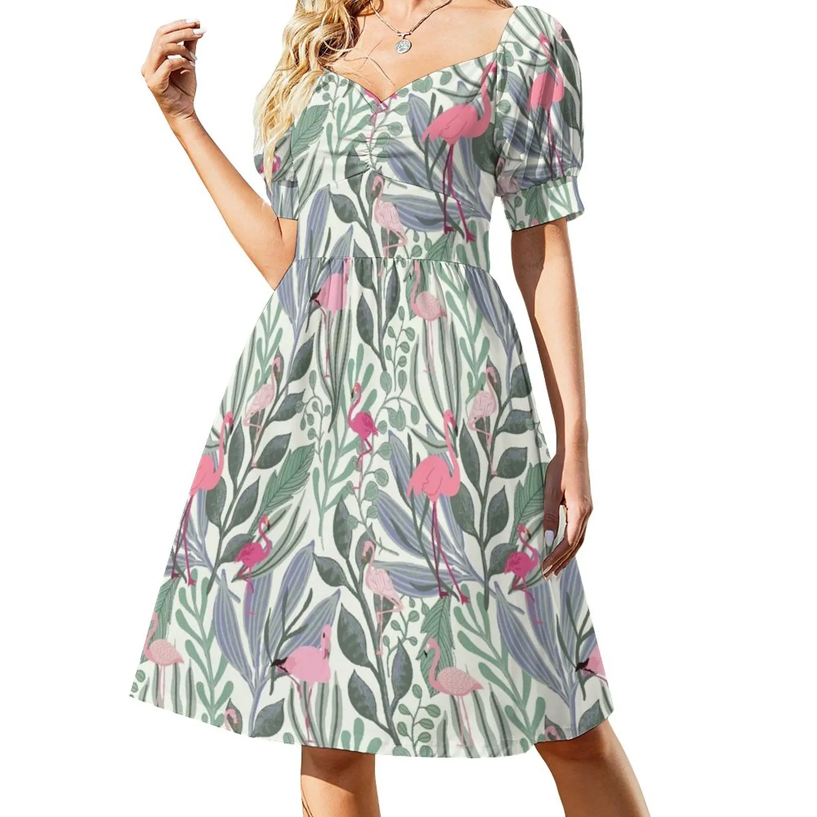 

Pink Flamingos Pattern on Green Foliage Sleeveless Dress Evening dresses dress dress women summer