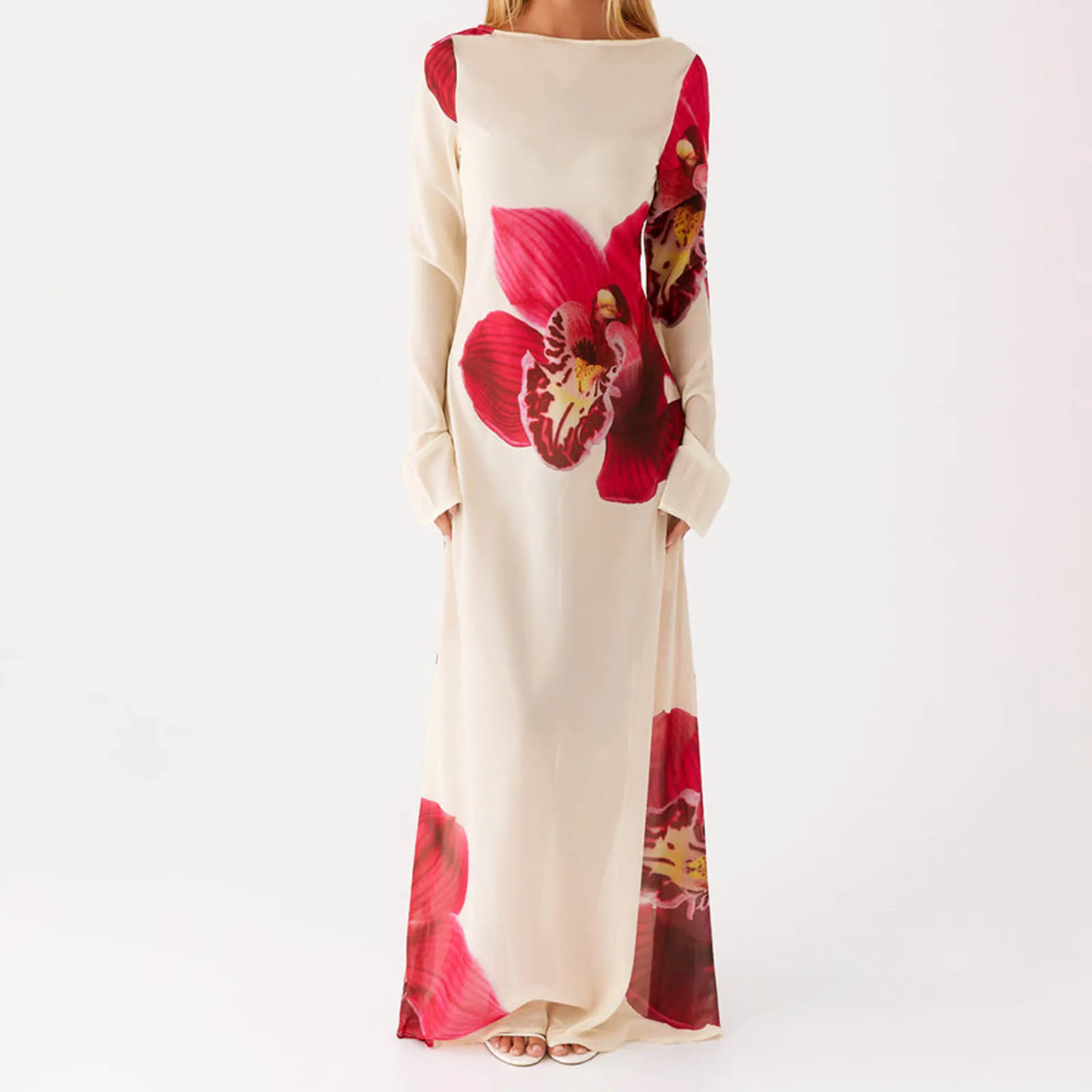 Abito lungo da donna con stampa floreale, scollo a barca, maniche lunghe, vestibilità in rete trasparente, per la spiaggia estiva