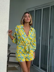 2024 Women's Fruit Print Set Long Sleeve Chic Bow Lace Up Shirt Top + Wild Zipper Fly Pockets Female Shorts Streetwear