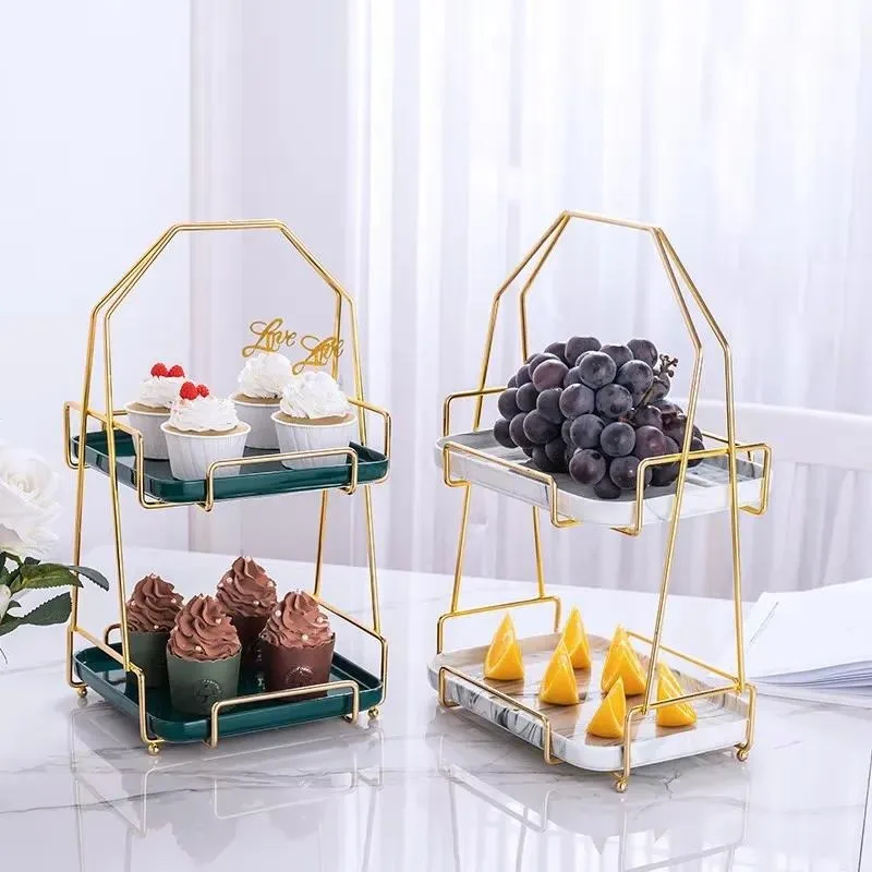European Double Layer Square Cake Stand Rectangular Plate Dessert Table Metal Marble Pattern Ceramic Display Stand Decoration