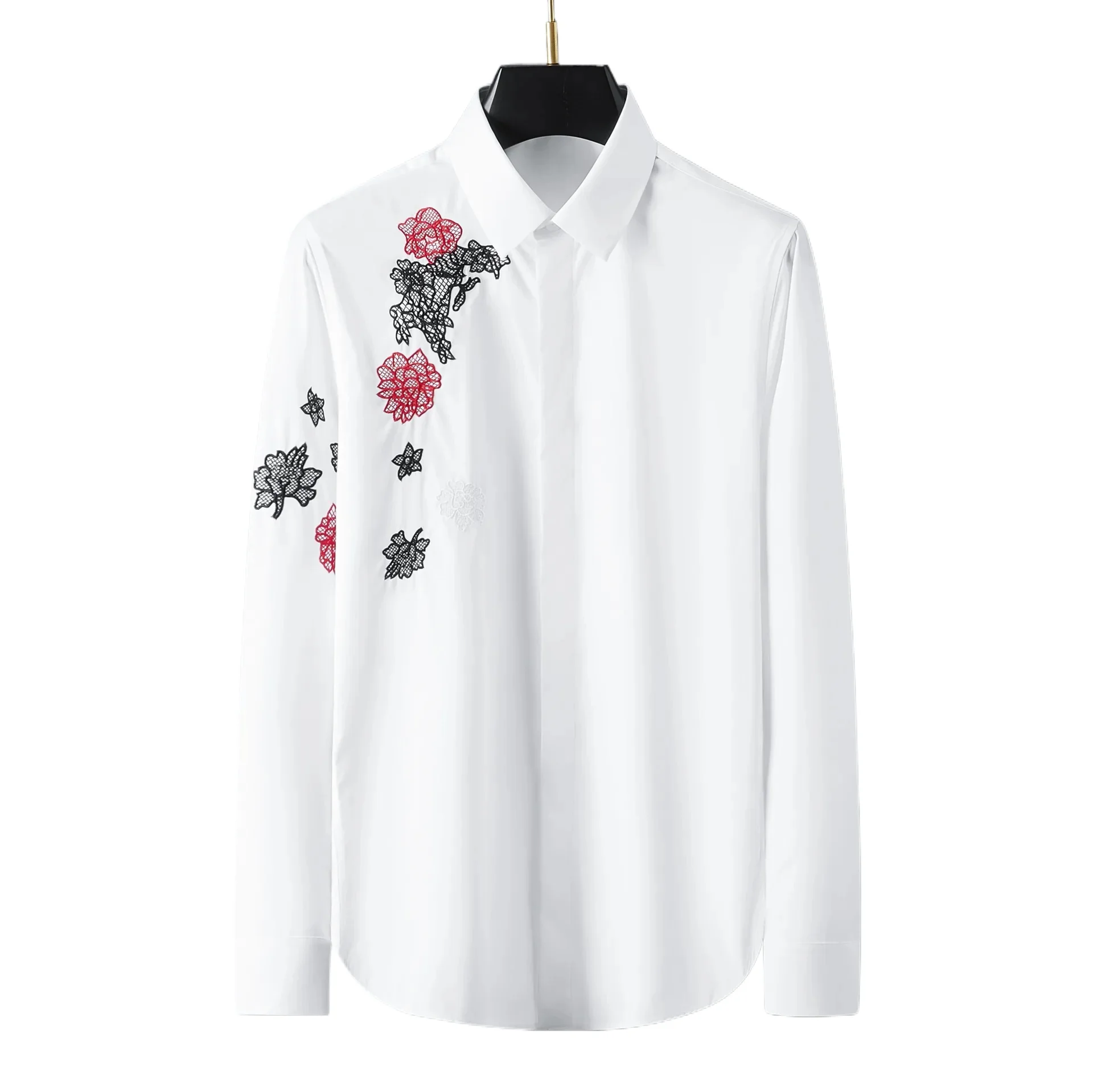 

Flower Embroidery Long Sleeved Shirt for Men Business Casual Social Formal Shirts Man Banquet Party Star Performance Costume