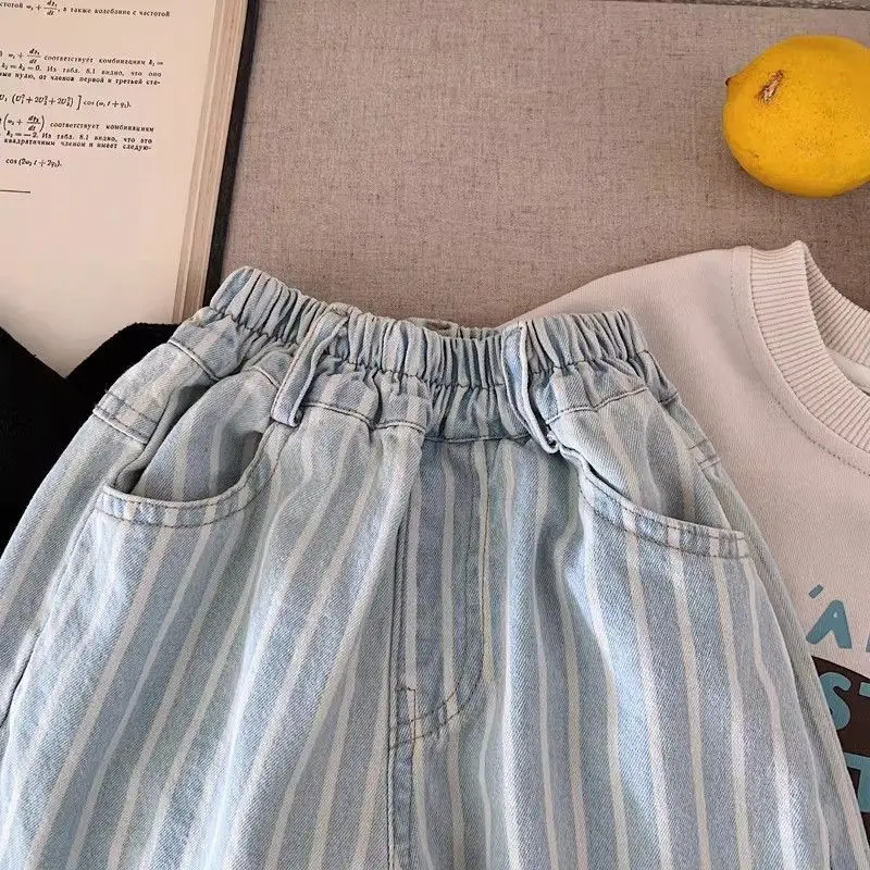 Children's Vertical Stripe Jeans Spring Autumn Fashion Loose Casual Denim Pants for Boys And Girls