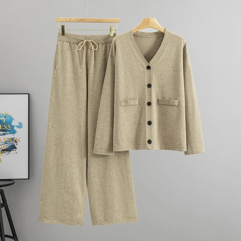 Women Knit Cardigan 2 Piece Set Sweater Coat Wide Leg Pants Suit Autumn Winter Office Lady Knitted Jacket Trousers Outfits 2026