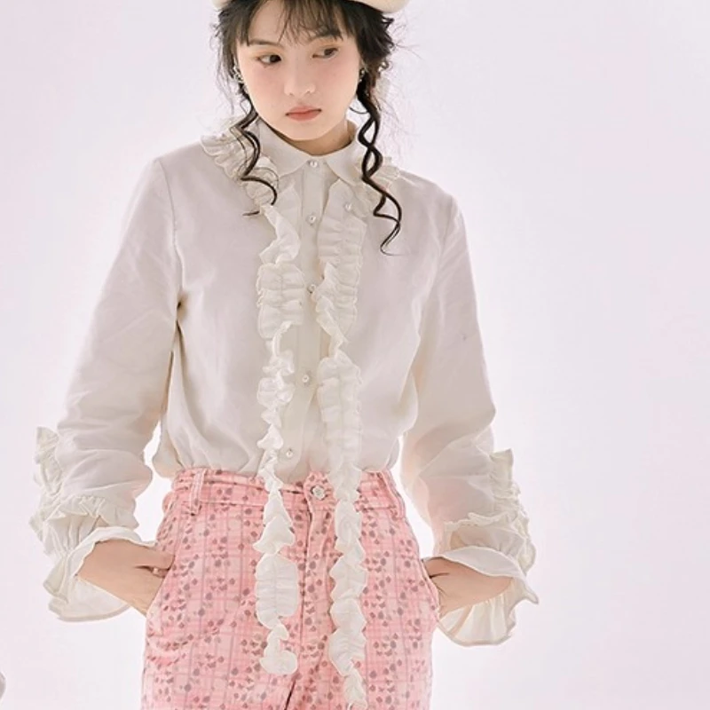 Lolita Corduroy Vintage Cute White Ruffles Cotton Long Sleeve Shirt Removable Lace Turn-down Collar Versatile Age Reducing Top