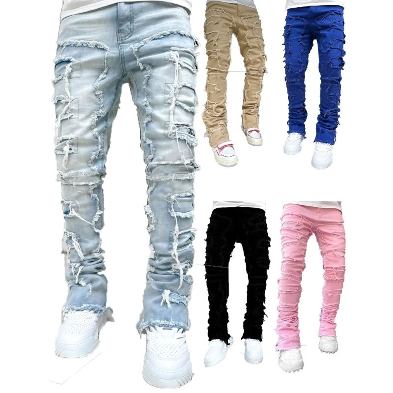 

Men Straight Leg Denims Jeans Fit Elastic Denims Pants Hiphop Jean Trouser