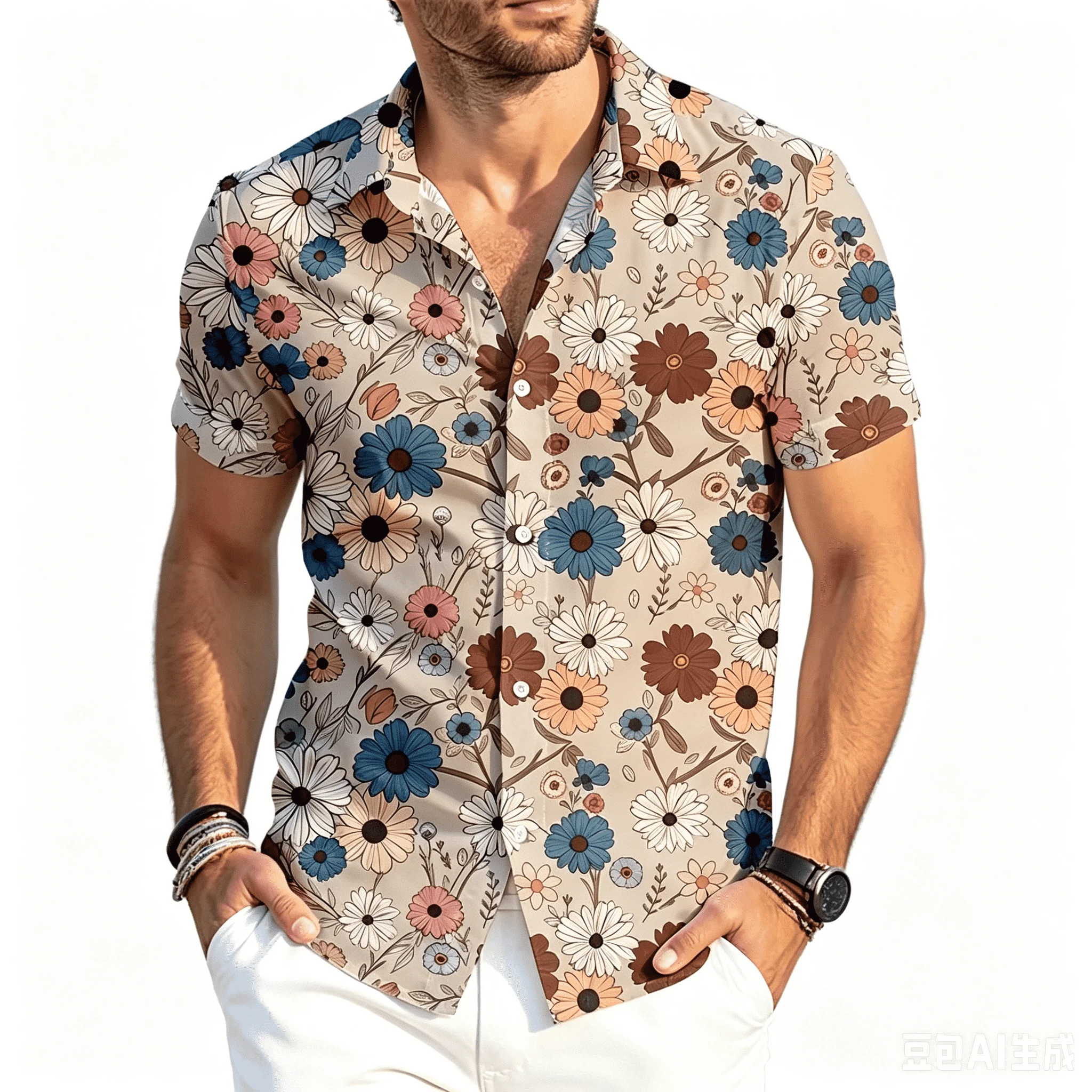 Geometric Floral Gradient Floral Quick Drying Short Sleeved Versatile Breathable Floral Shirt for Middle-aged and Young People