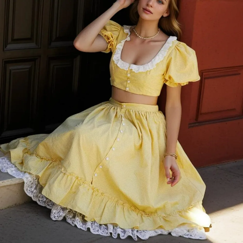 2025 Light Yellow Plaid Spliced Lace neck Short Puff Sleeve Tank Top +Women Open Buttons Swing Long Cake Skirt 2 Pieces 1 Set