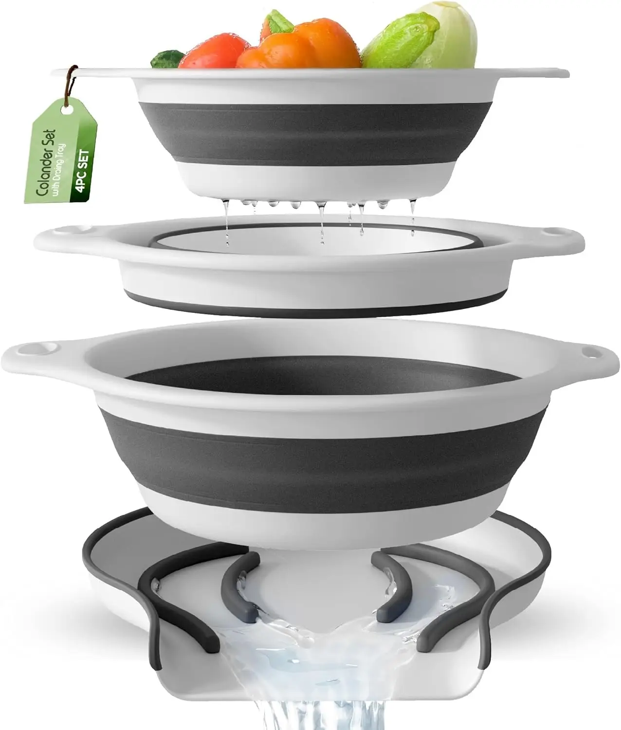 

Collapsible Colanders (3 Pack Set) Food Strainers with Over-Sink Water Draining Base for Pasta Fruits and Vegetables (Pa