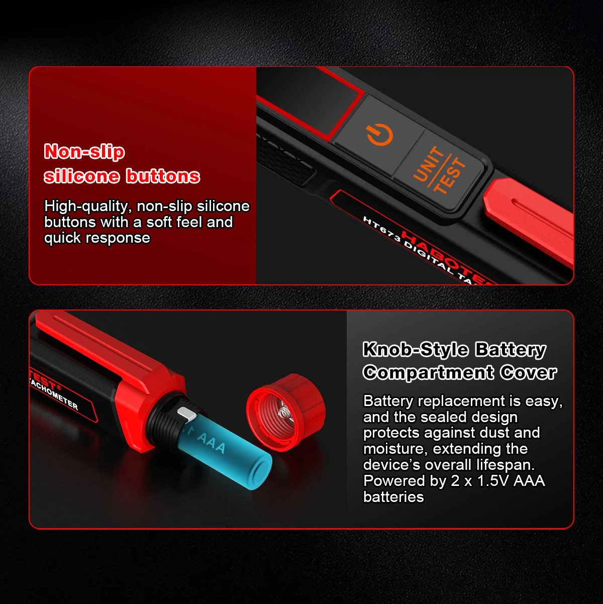HT673 Stiftförmiger Laser-Tachometer Berührungsloser Drehzahlmesser 10-99999 U/min Dualer RPM- und Zählermodus 0,1 U/min Auflösung Digitaler Geschwindigkeitsmesser – Detail 16