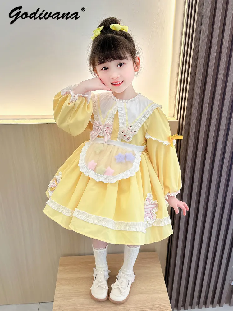 2026 Spring and Summer New Baby Girls Cute Star Rabbit Lolita Dress Kids Bow Lapel Ruffle Trim Puff Sleeve Tutu Princess Dress