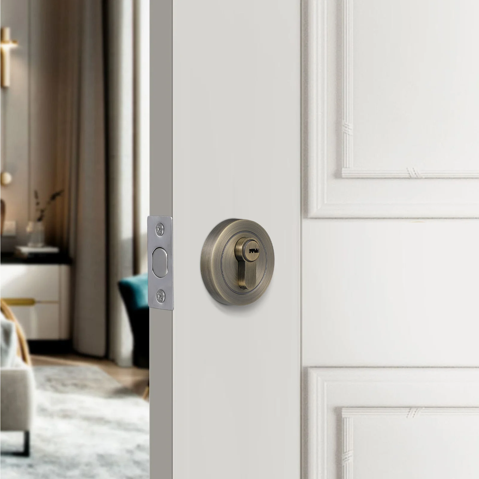

Round Door Lock Single Sided Deadbolt Zinc Alloy Surface Smooth Easy Installation for Front Interior Doors Keyed Deadbolt Lock