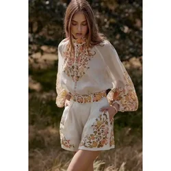 2024 Fashion Suit Single Breasted Printed Stand Collar Lantern Sleeve Long Sleeve Shirt Loose Top Shorts with Belt Two-Piece Set