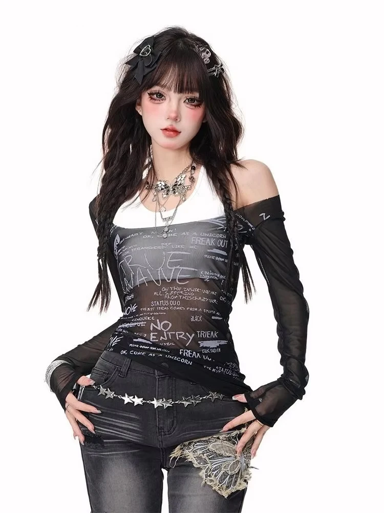

Vintage Fake Two Pieces Sexy Women T-Shirt Harajuku Letter Print See Through Tops Patchwork Y2K Aesthetic Grunge Slim Fit Tees
