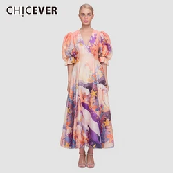 CHICEVER Print Casual Long Dresses For Women V Neck Puff Sleeve High Waist Pacthwork Belt Elegant High Quality Dress Female New