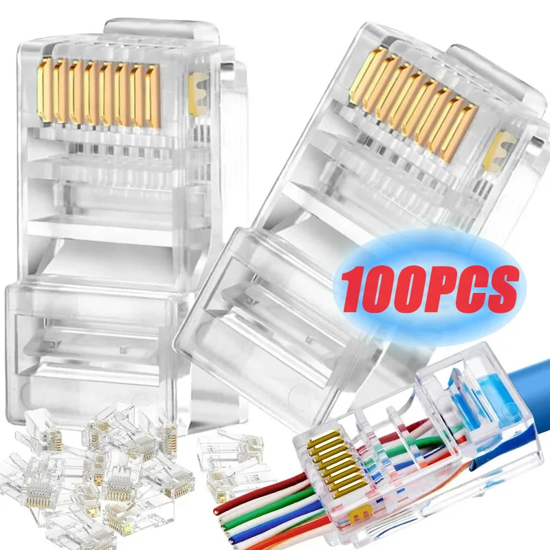 100pc Pass Through RJ45 Cat6/Cat5e Connectors Crystal End Gold-Plated 8P8C Crimp UTP Standard Ethernet Network Modular Plug rj45