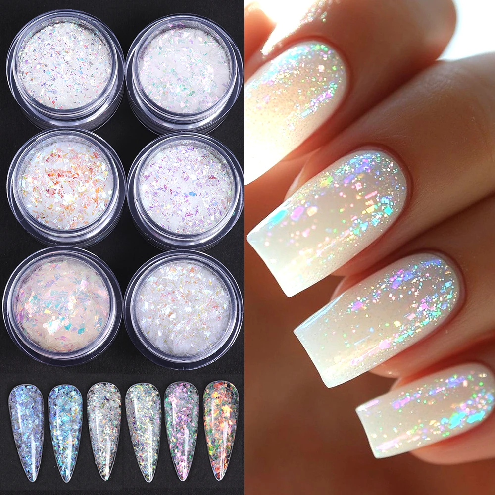 

6 бутылочек, белые переливающиеся блестящие блестки для дизайна ногтей, блестящие русалки, Аврора, нерегулярные ломтики, хлопья, пайетки, украшения для маникюра