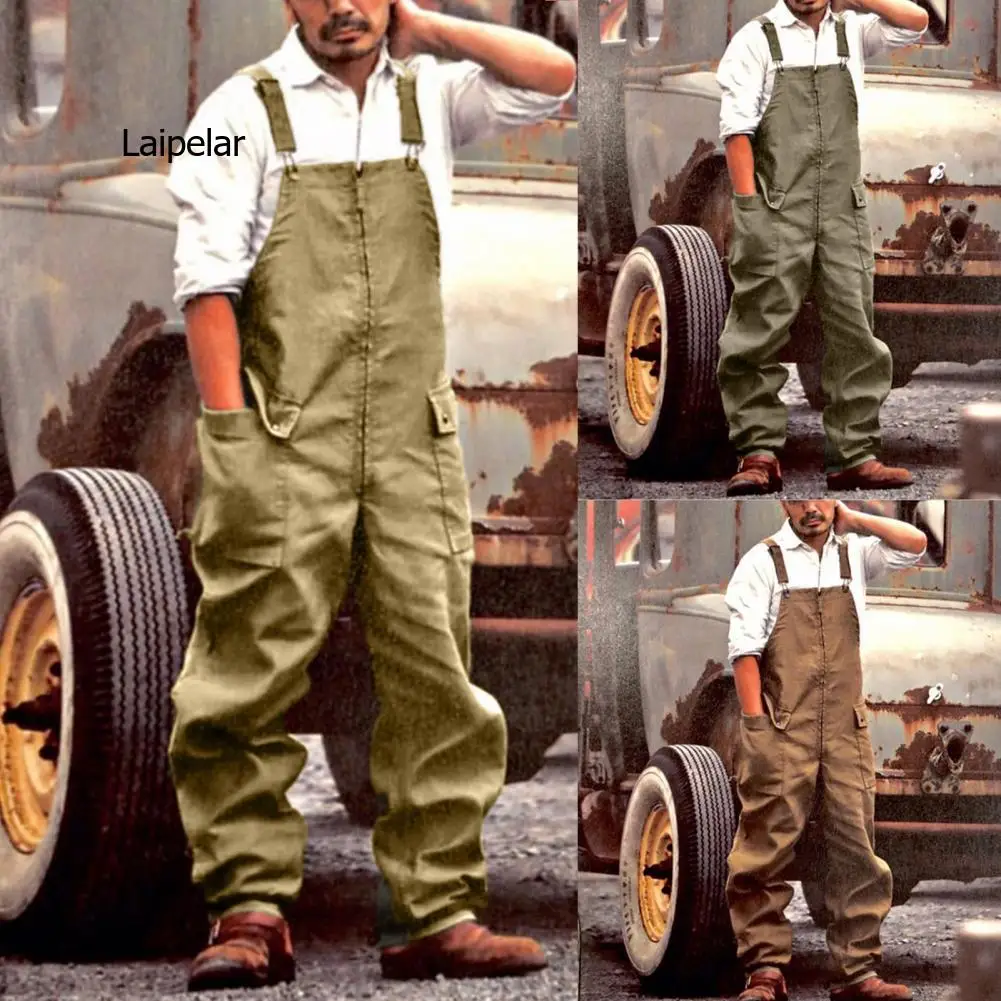 

Summer Spring Men Jumpsuit Overalls Bib Square Neck Romper Large Pockets Long Pants Loose Cargo Jumpsuit Streetwear 3XL
