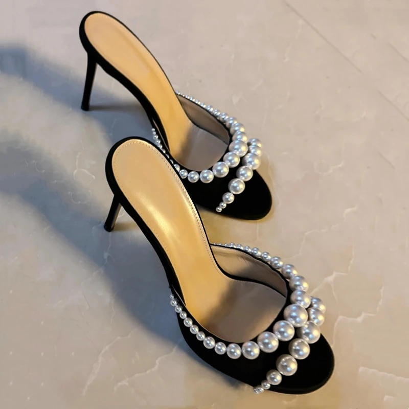 

White Pearl Shoes for Women Summer Open Toe Stilettos Retro Black String Bead Pumps Ladies Silk High Heels Brand Designer