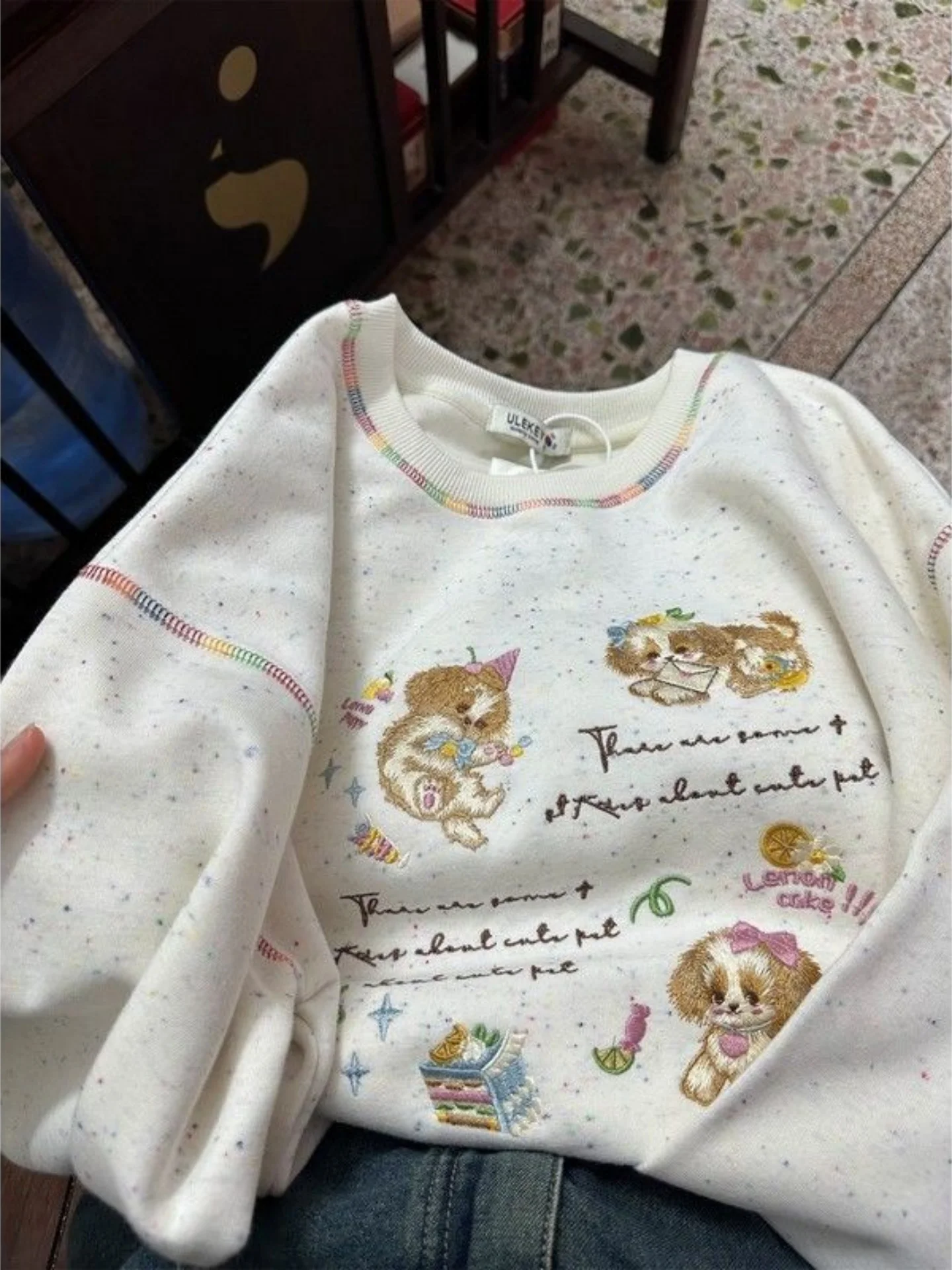 

Cute Embroidered Little Dog round Ne Sweatirt Dot Design Slimming Versatile Women's Cotton Long Sve Hoodie