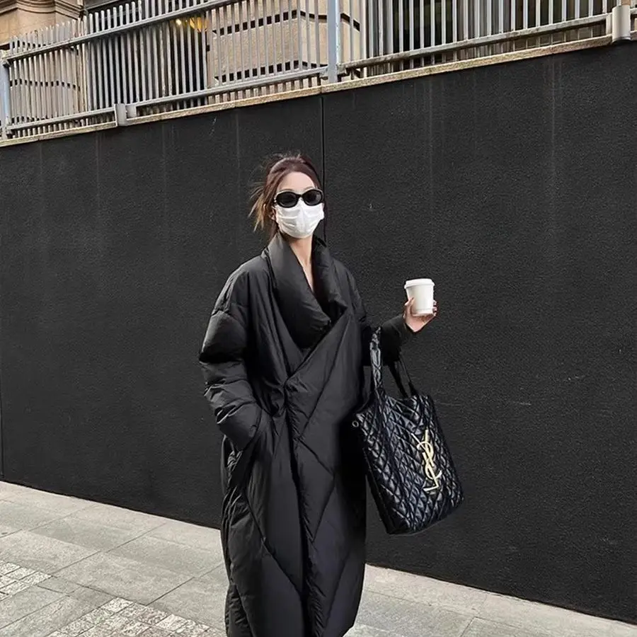 黒キルティングダウンコート女性の冬の韓国スタイルルーズロング肥厚小型スタンドカラー 90 ホワイトダックダウン