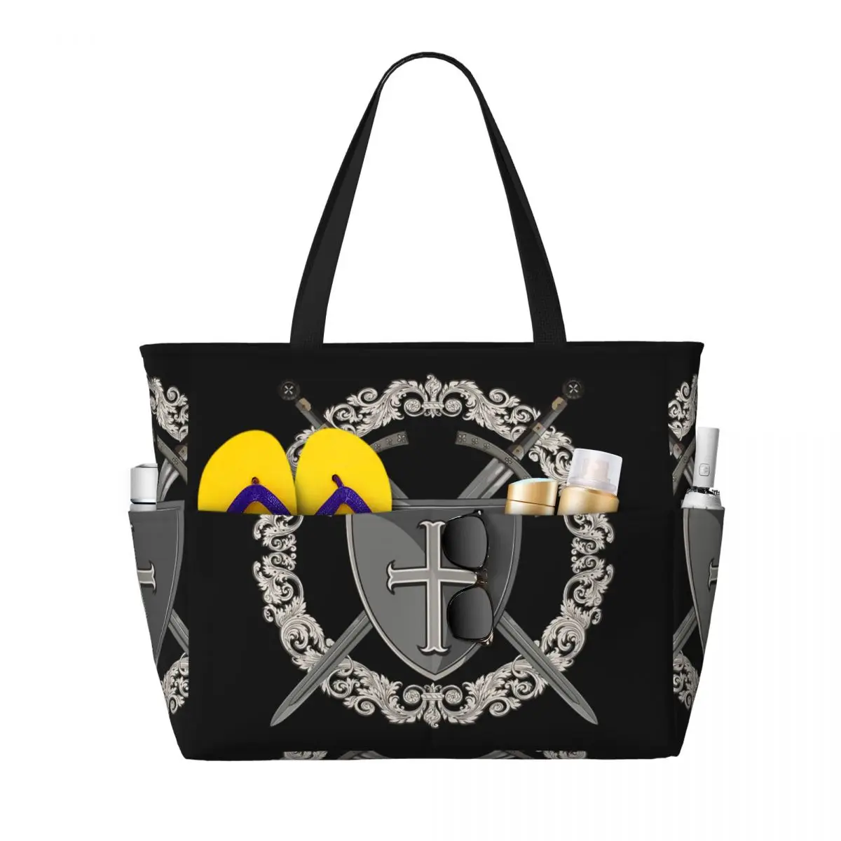 

Knights Templar Cross Shield Symbol Medieval Sword Emblem Secret Order Beach Tote Bag Large Bag Women Travel Bag Fitness bag