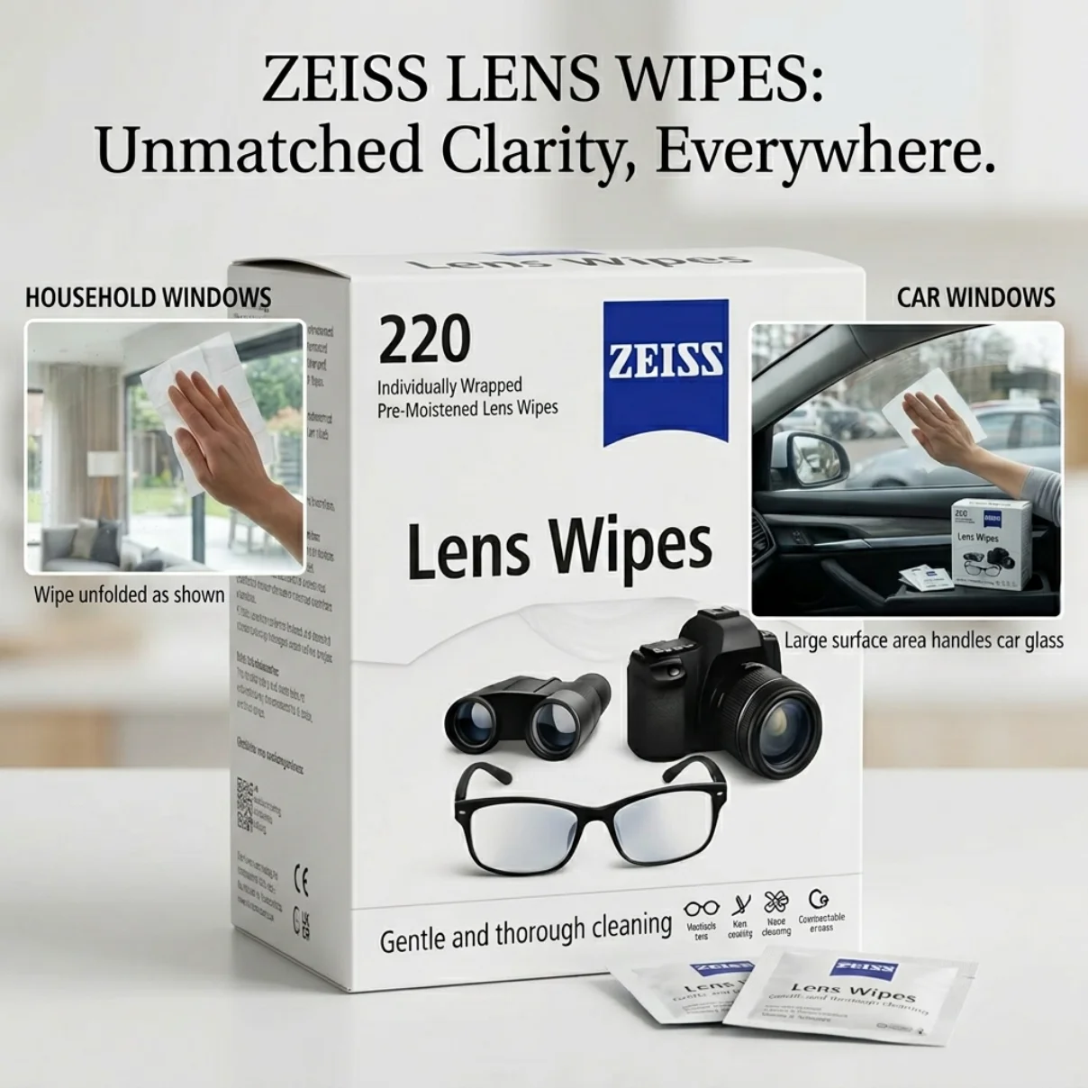 ZEISS Lens Wipes Count Individually Wrapped Pre-Moistened Cleaning Wipes for Eyeglasses Camera Lenses Binoculars Phone Scree