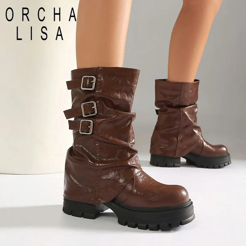 ORCHA LISA Womens Footwear Mid Calf Boot Curved Toe 6cm Sturdy Lift 3cm Thick Sole Side Zip  Belt Big Range 43 Hand Crafted