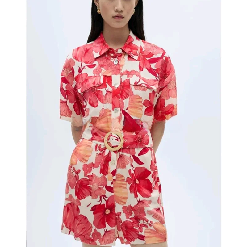 เสื้อผ้าผู้หญิงลายพิมพ์ใหม่สำหรับฤดูร้อน คอปกพับได้ หรือคอปกตั้ง  เอวสูงทรงตรง ผ้าโพลีเอสเตอร์ เหมาะสำหรับใส่ไปทำงาน