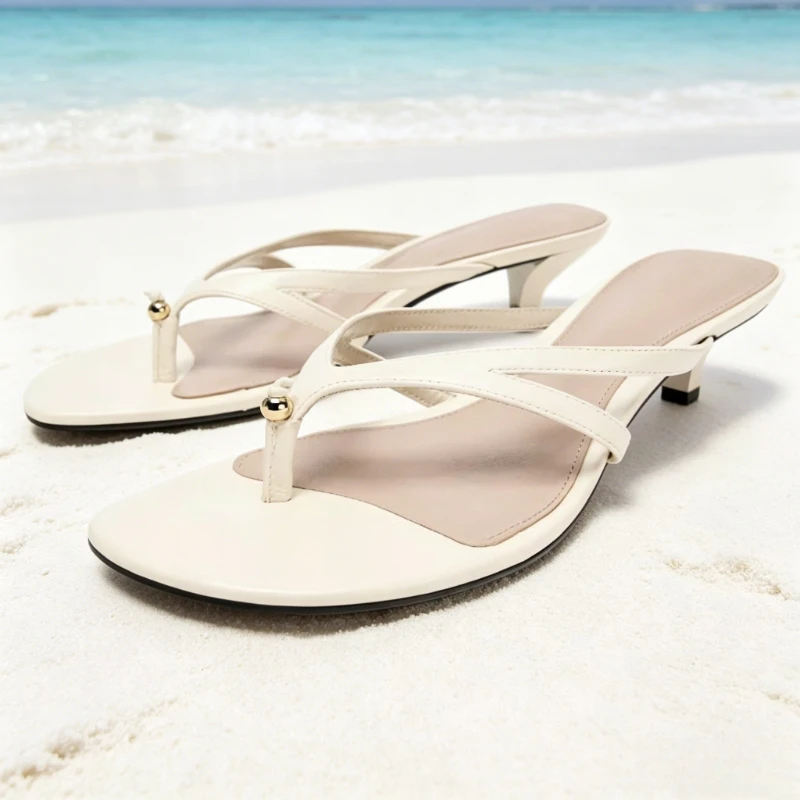 

Unique Metal String Bead Decorate Kitten-Heel Slippers Women Fashion Round-Toe Cross-tied Slide Sandals Sexy Clip Toe Flip-Flops
