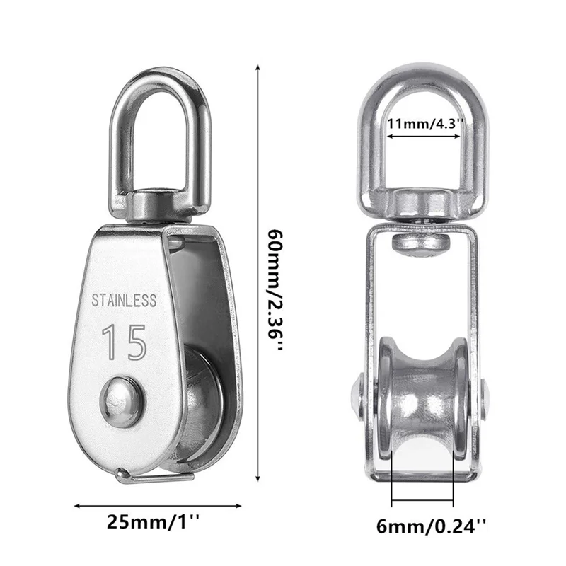 FAST-24PCS Single Pulley Block M15 Stainless Steel Small Pulley Roller For Rope Cord In Outdoor 360°Swivel Silver Pulley