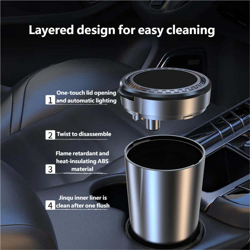 Portable Can LED Ashtray Smokeless Auto Cigarette Ash Holder with Lid Detachable Metal Lining One-Click Push Open Splash-Proof view 3
