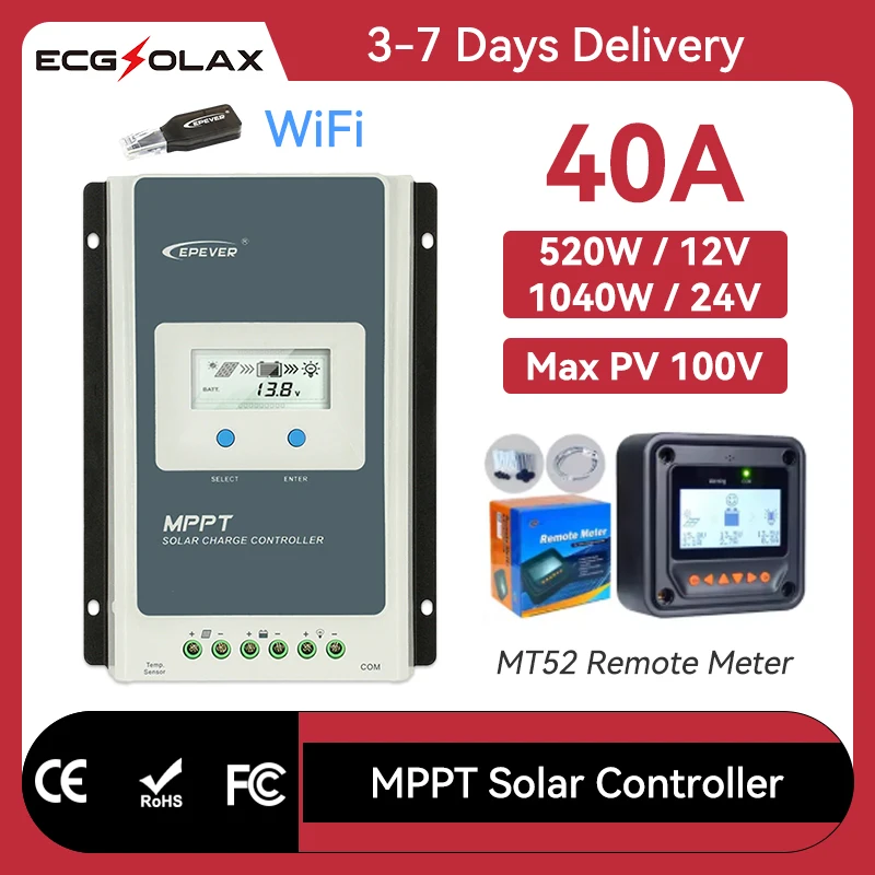 

EPEVER 20A 30A 40A MPPT Solar Charge Controller 12V 24V Battery Voltage Max Solar Panel 100V Regulator With MT52 Data Monitor