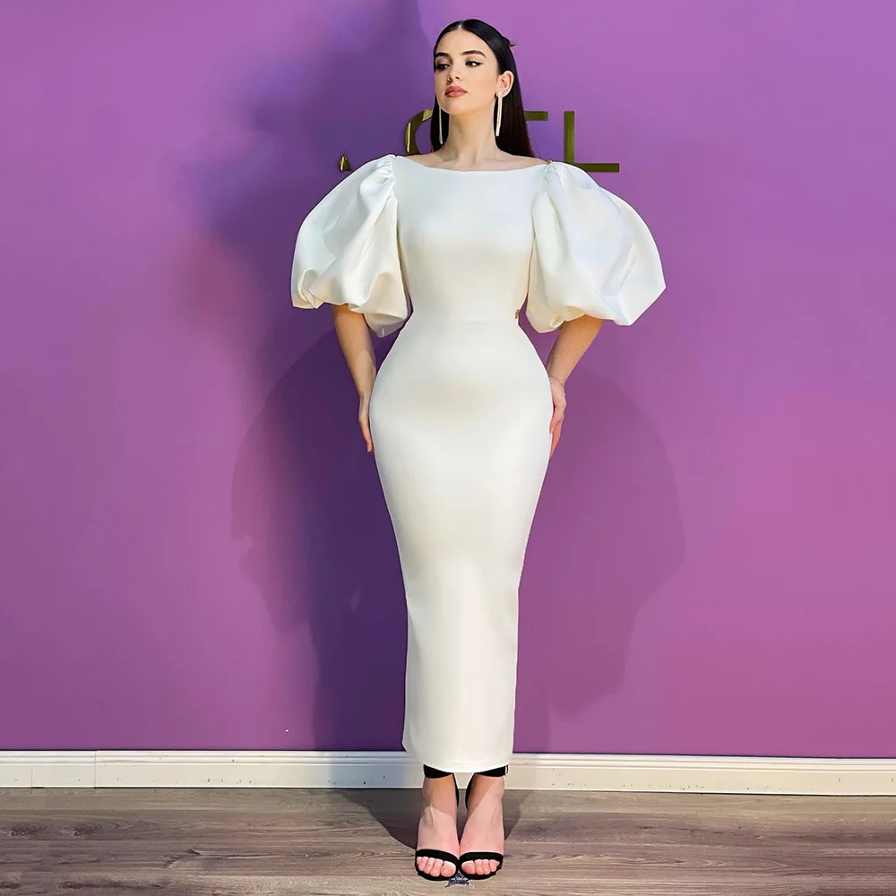 Yipeisha Scoop Puffy Sleeves White Cocktail Party Dresses Saudi Arabia Ankle Length Mermaid Prom Gown with Slit Robe de Soiree