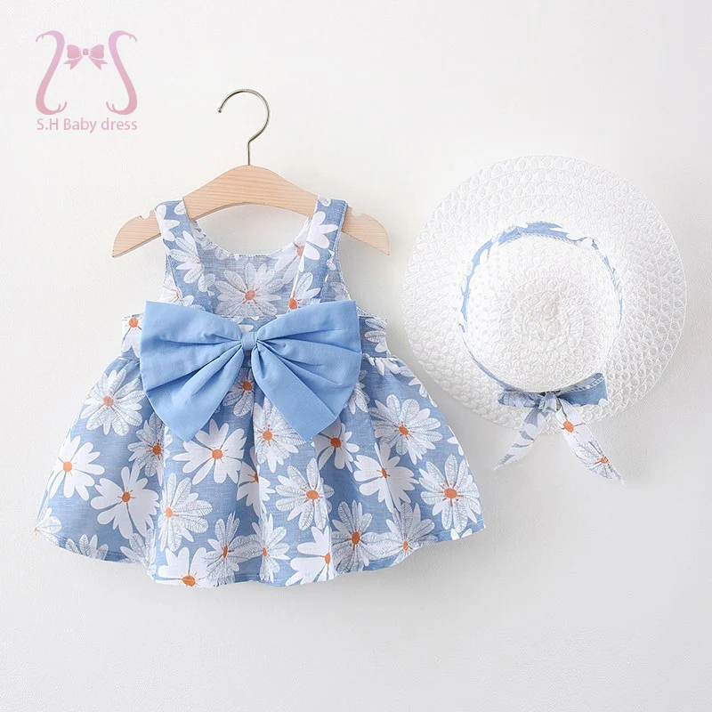 2Pcs/Set Daisy Dress For Girls Summer Sweet Bow Baby Beach Dresses Newborn Toddler Clothes 0 To 3 Years Old Children + Hat