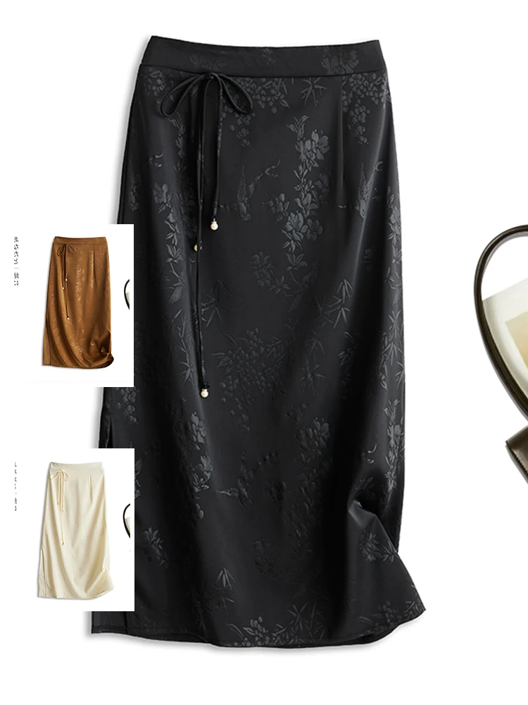 

New Chinese Sle Women's Pure Color Floral Eming f Skirt with Sa Semi-Elastic Waist Split A-Line Midi Bodycon Skirt