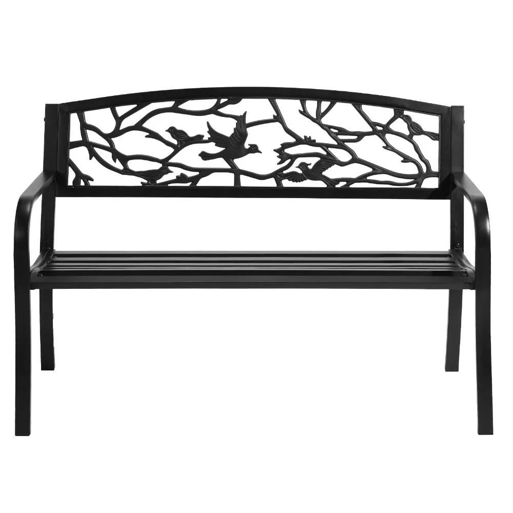 Outdoor Bench for Patio Metal Garden Bench w/PVC Back Pattern, Black Park Benches Front Porch Benches for Yard Lawn