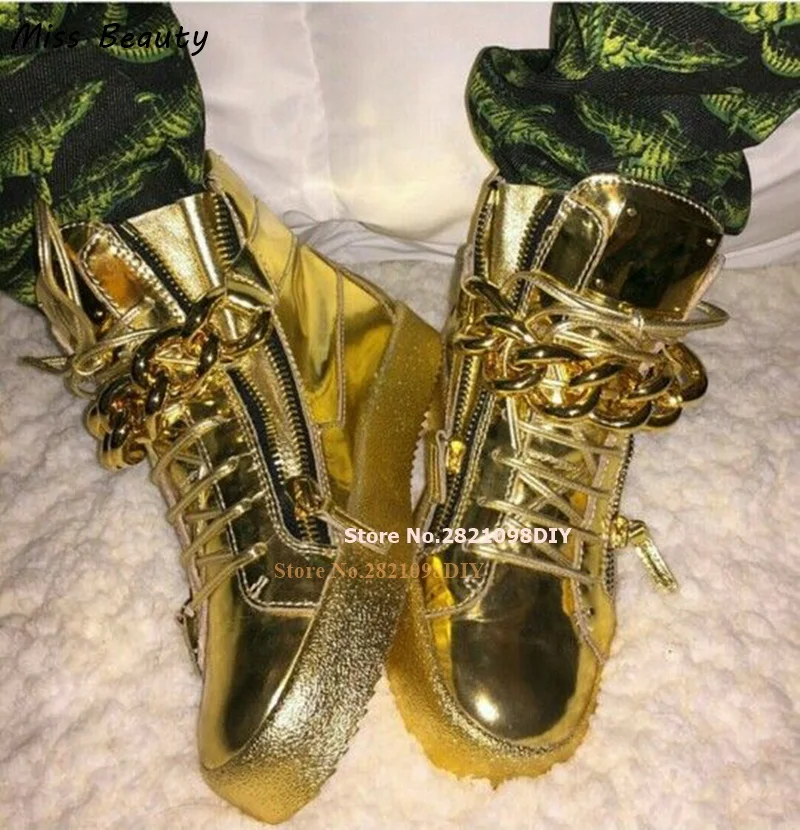 

Golden Mirrored Leather Chains Lace Up Unisex Casual Shoes Side Zipper High Top Shoes Flats Chaussure Men and Women Sneakers