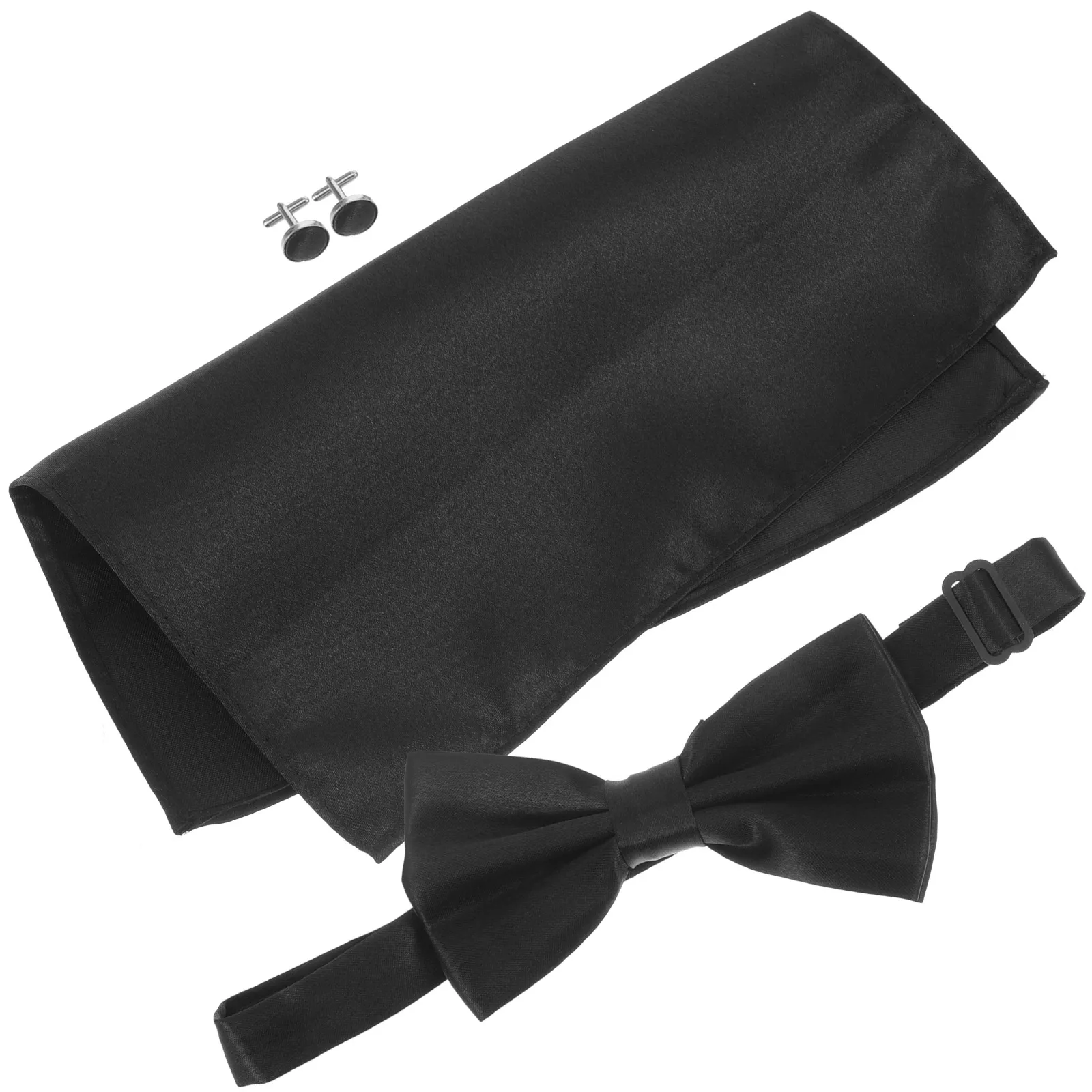 

Black Bow Tie H kerchief Set Mens Tuxedo Studs Suit Buttons Cuff Links Satin Material Formal Wear Wedding Groom Accessories