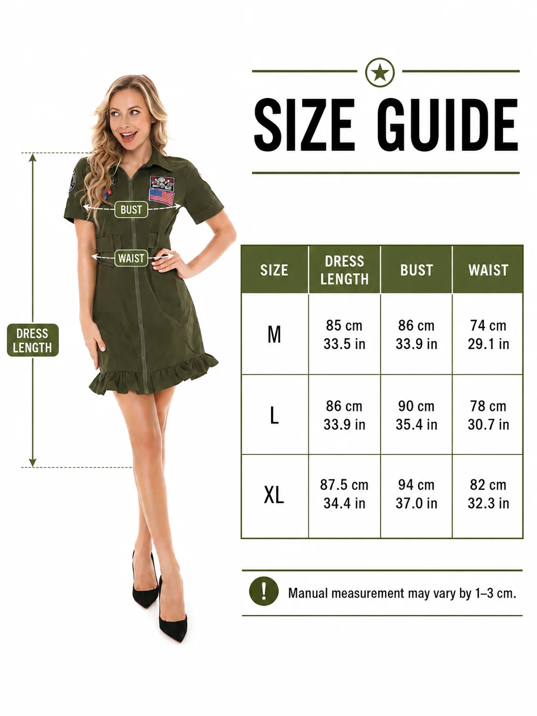 Women Sexy Top Gun Pilot Costume Olive Green Short Sleeve Zip Front Embroidered Badge Belted Ruffle Hem Mini Dress for Halloween Cosplay Carnival Theme Party Fancy Dress，cosplay party, carnival, fancy dress, theme party, sexy uniform, 80s costume view 8