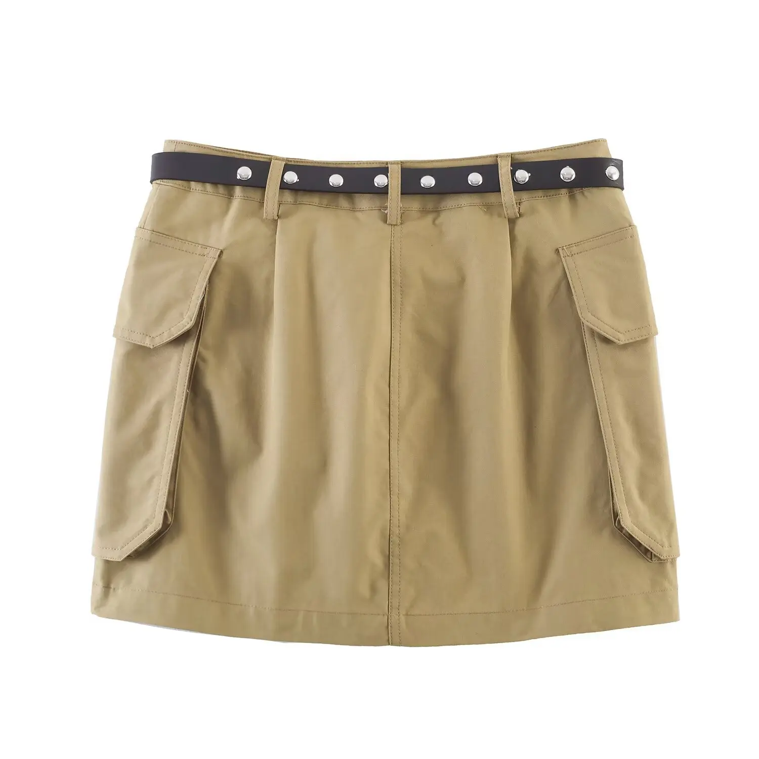 Women's Fashion Style Mini Skirt With Belt Khaki Belted Mini Skirt Pockets High Waist Casual Short Skirt For Women Elegant WLMJ