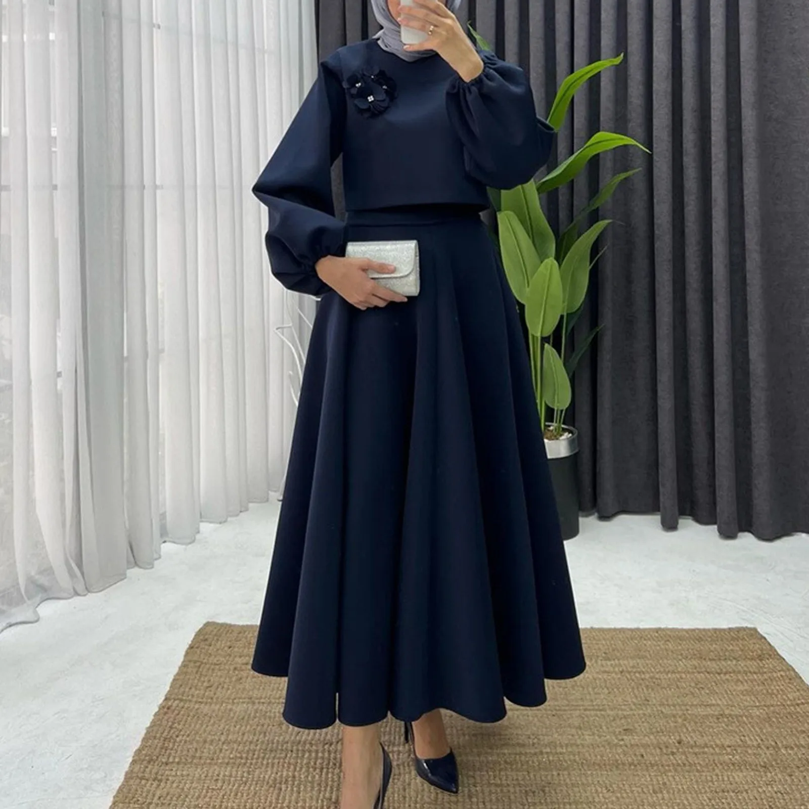 Ramadan Elegant 2 Piece Set Women Lantern Sleeve Flower Crop Top High Waist A-line Skirt Suit 2024 Spring Lady Abaya Turkey Sets