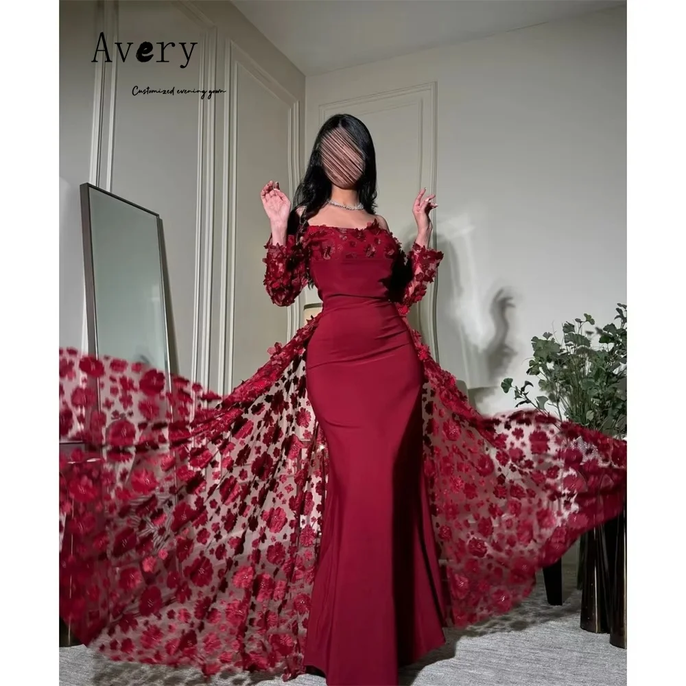 

Avery Custom Burgundy 3D Flower Fishtail Off-shoulder Luxurious Women's Evening Dresses for Events Elegant Woman Dress Party