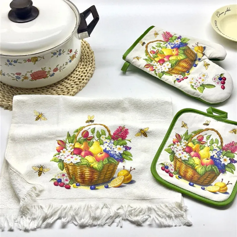 

3Pcs/Set Flower Fruits Printed Kitchen Heat Insulation Microwave Oven Glove Cup Pad Tea Towel Mother's Day Gift